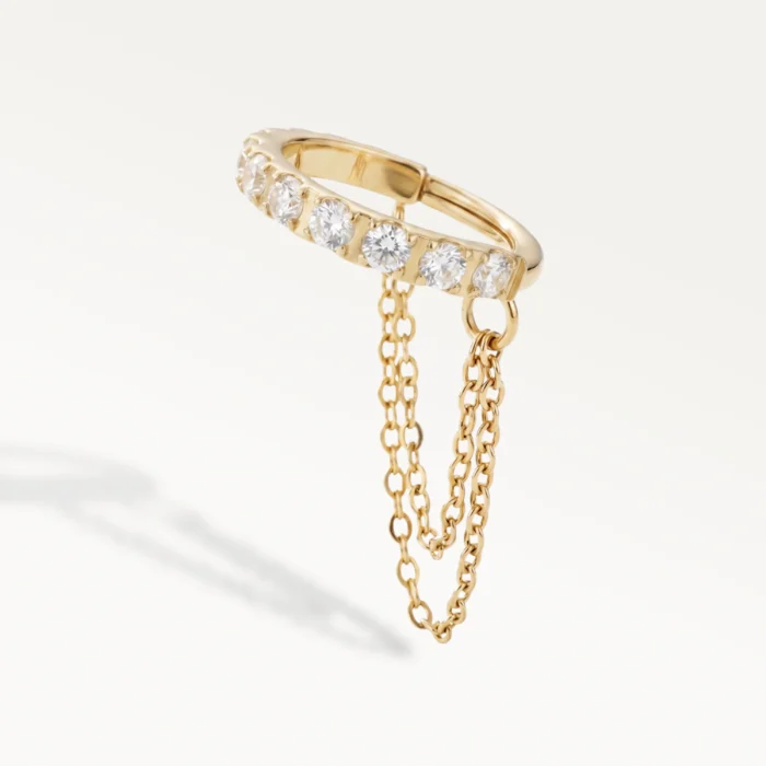 Piercing hélix anneau doré orné de zircons avec double chaîne pendante, bijou élégant