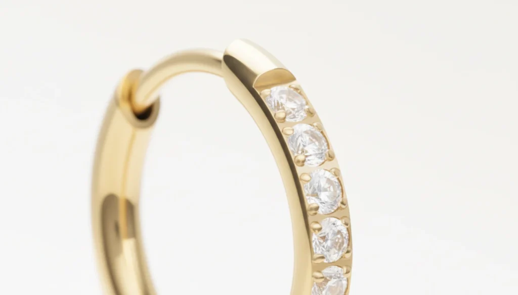 Boucle d’oreille anneau doré sertie de strass scintillants, vue en gros plan détaillée