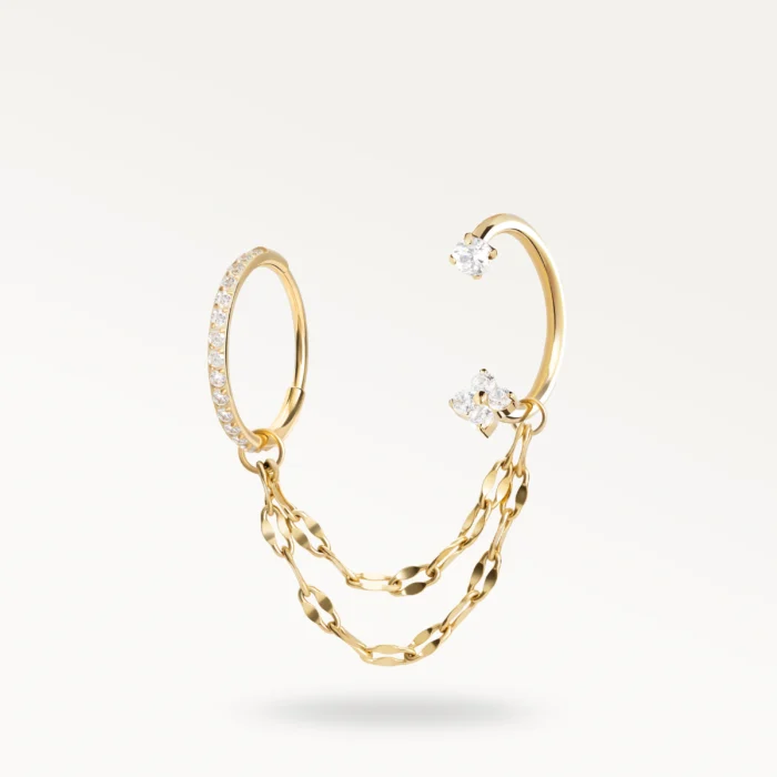 Boucle d’oreille dorée à double chaîne ornée de zircons, design élégant et lumineux