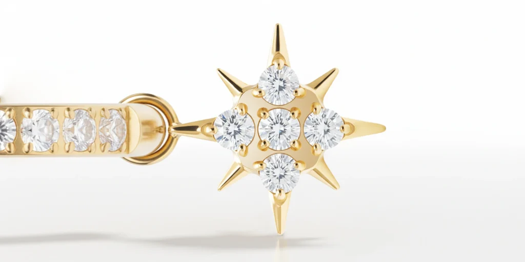 Gros plan sur boucle d’oreille étoile dorée sertie de zircons