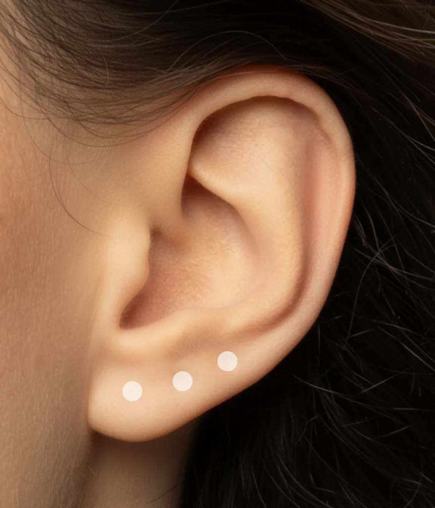 Emplacement du piercing au lobe d’oreille, zones repérées en points blancs