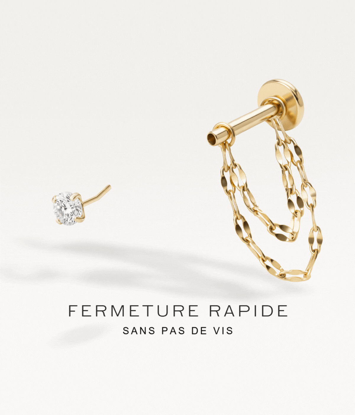 Piercing chaînette doré avec fermeture threadless, système sans pas de vis pratique