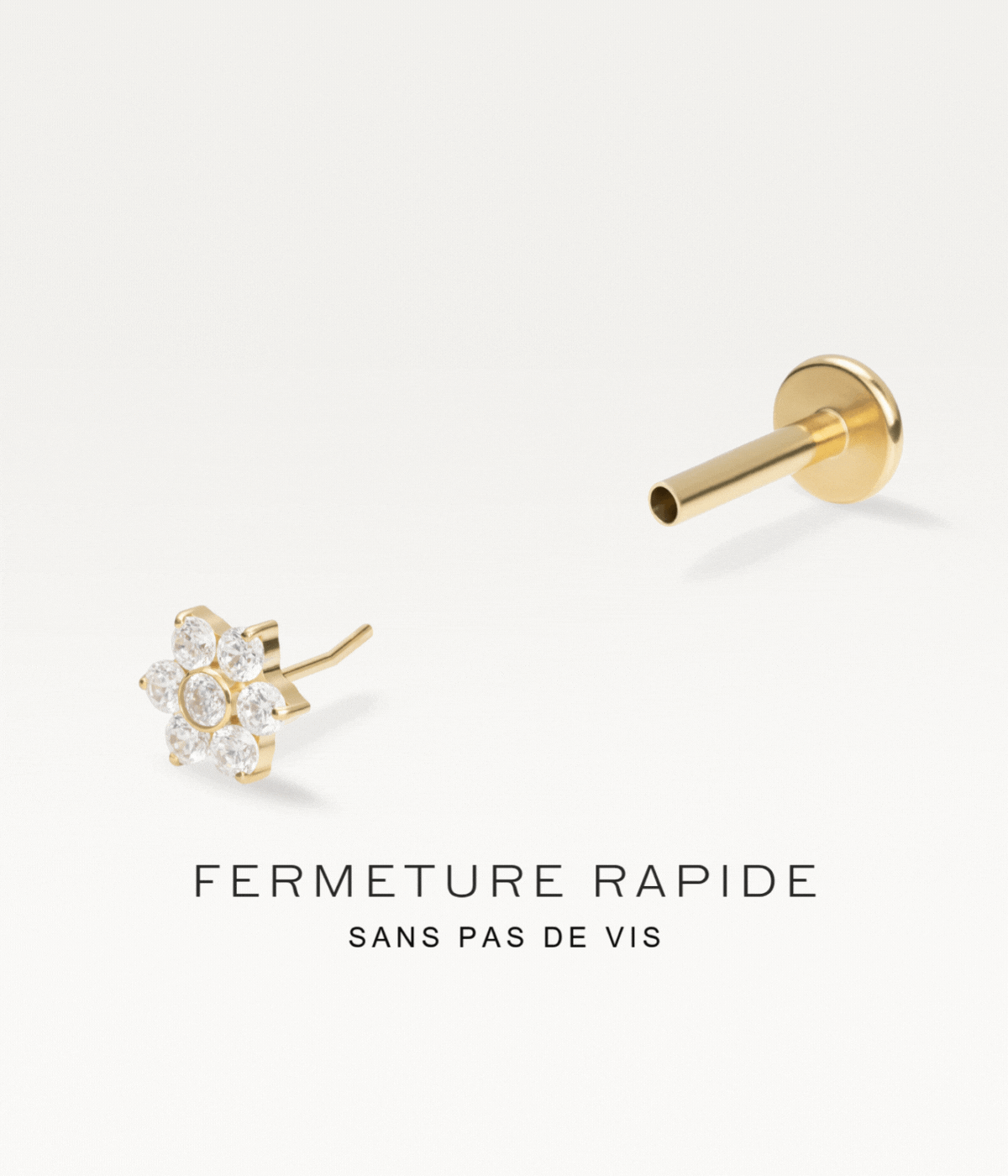 Piercing fleur doré avec fermeture threadless, système sans pas de vis pratique