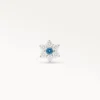 Vue frontale d'un piercing d'oreille en argent orné d'une fleur avec une pierre centrale bleue et des diamants de zircone.