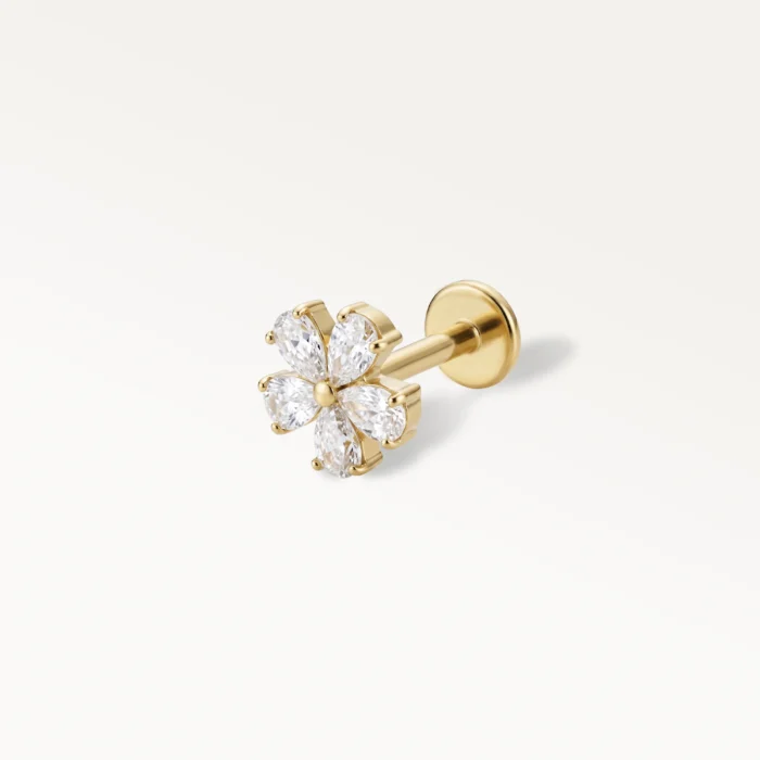 Piercing fleur camélia doré avec cristaux en forme de pétales, bijou d'oreille de luxe