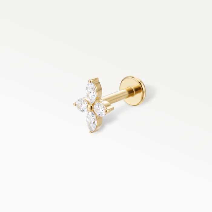 Piercing stud fleur doré avec cristaux en forme de pétales, bijou d'oreille de luxe
